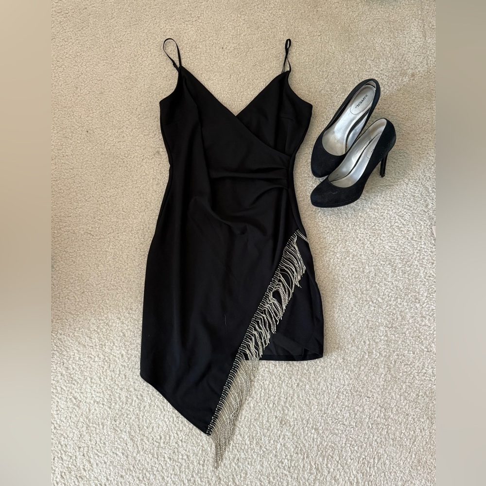 Emerald Sundae Black Dress with Rhinestone Fringe Detail